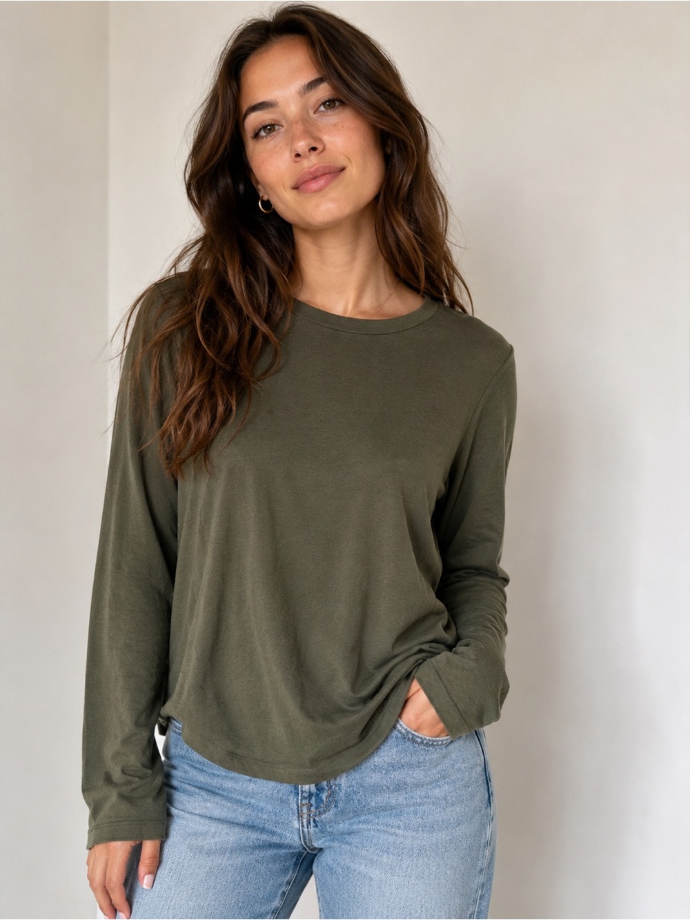 Gap Long‑Sleeve Top – Olive Green, Size Small